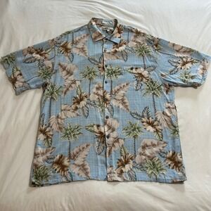 Campia Moda Mens‎ XL Blue Tropical Palm Tree Hibiscus Rayon Button Down Shirt